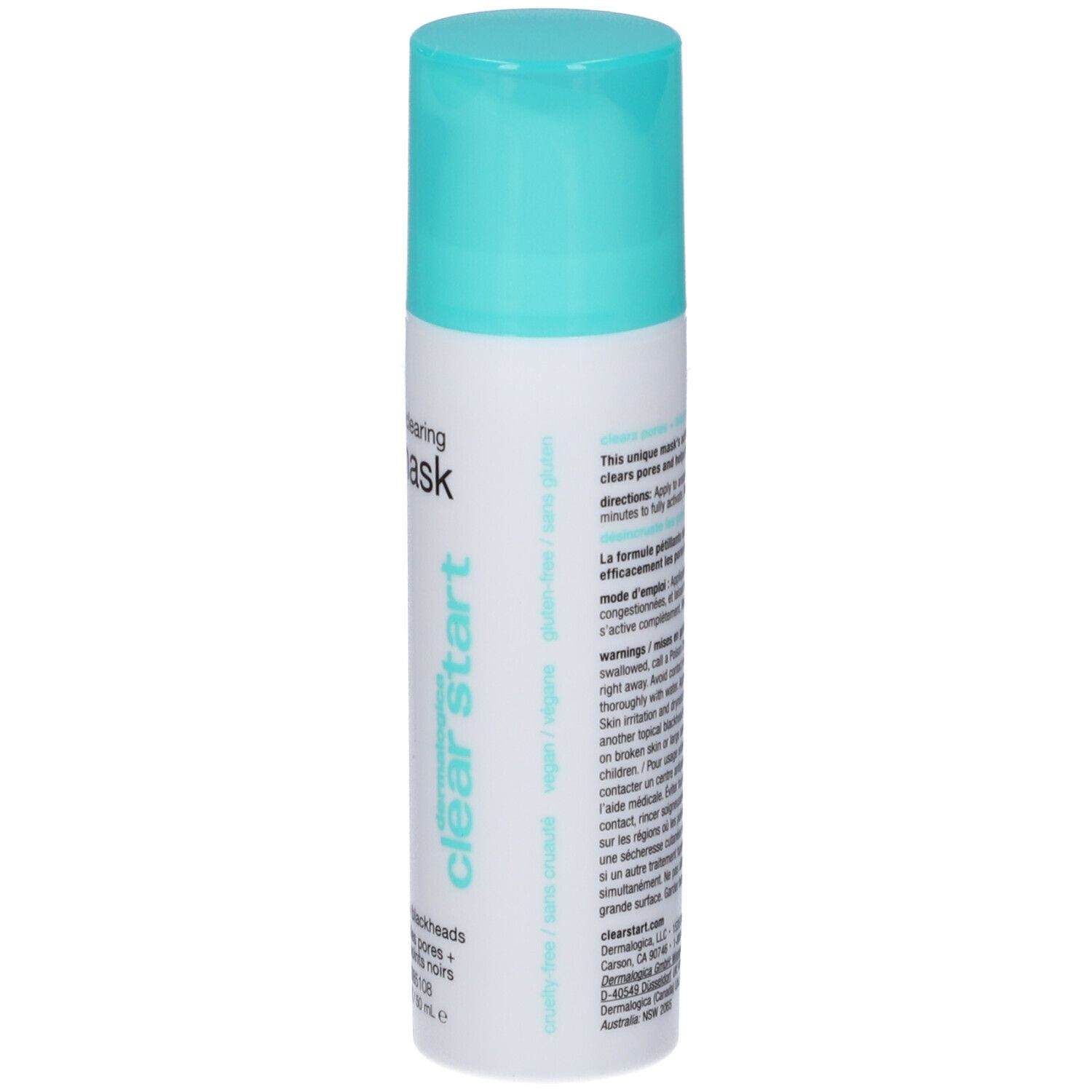 Flacone cilindrico con tappo turchese. Scritta: blackhead clearing fizz mask, clear start.