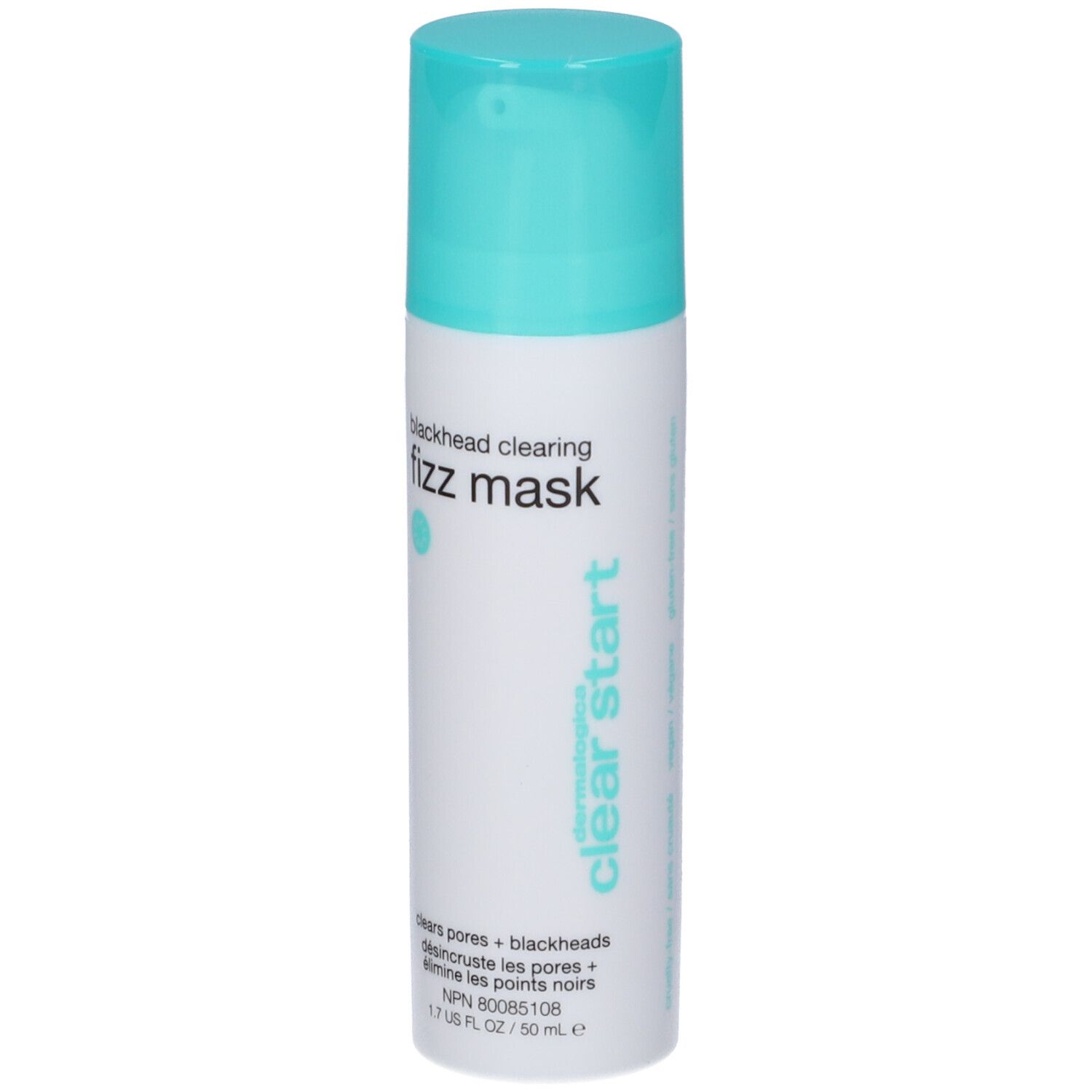 Flacone cilindrico con tappo turchese. Scritta: blackhead clearing fizz mask, clear start.