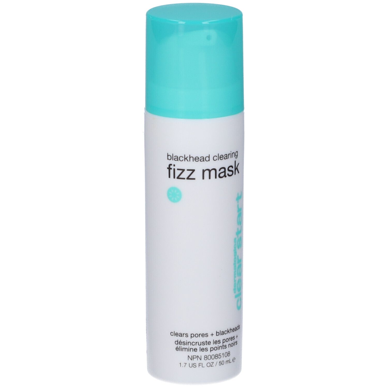 Flacone cilindrico con tappo turchese. Scritta: blackhead clearing fizz mask, clear start.