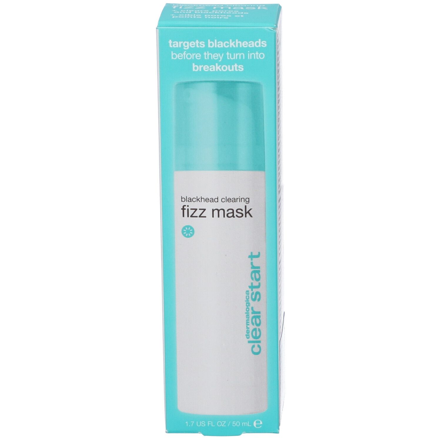 Confezione. Scritta: blackhead clearing fizz mask, clear start. Confezione: turchese e bianca.
