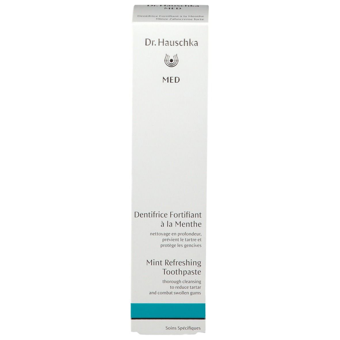 Scatola bianca con scritta: Dr. Hauschka MED, Dentifrice Fortifiant à la Menthe, Mint Refreshing Toothpaste.
