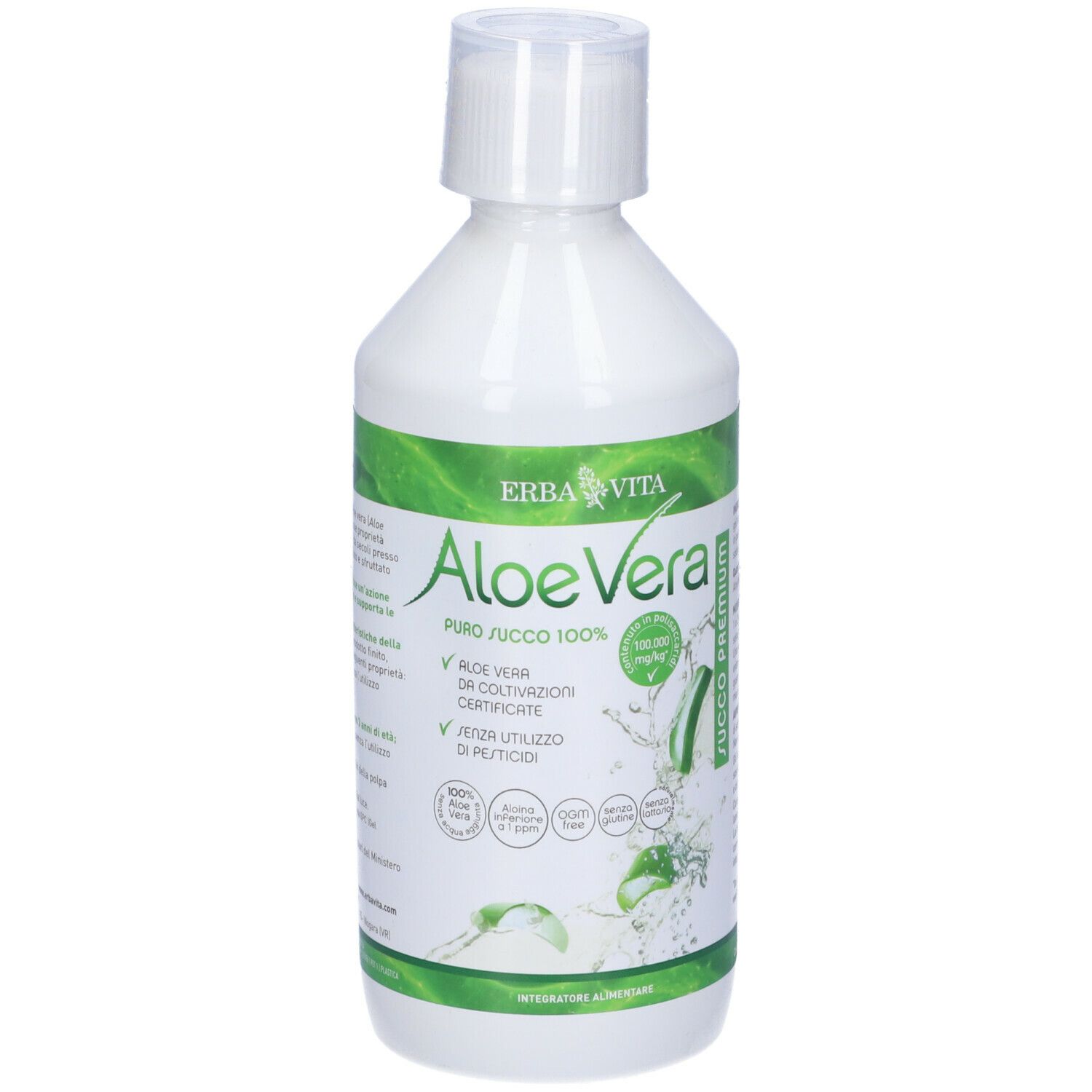 Bottiglia bianca con etichetta verde. Scritta Aloe Vera, Erba Vita. Illustrazione con foglie di aloe vera e acqua.