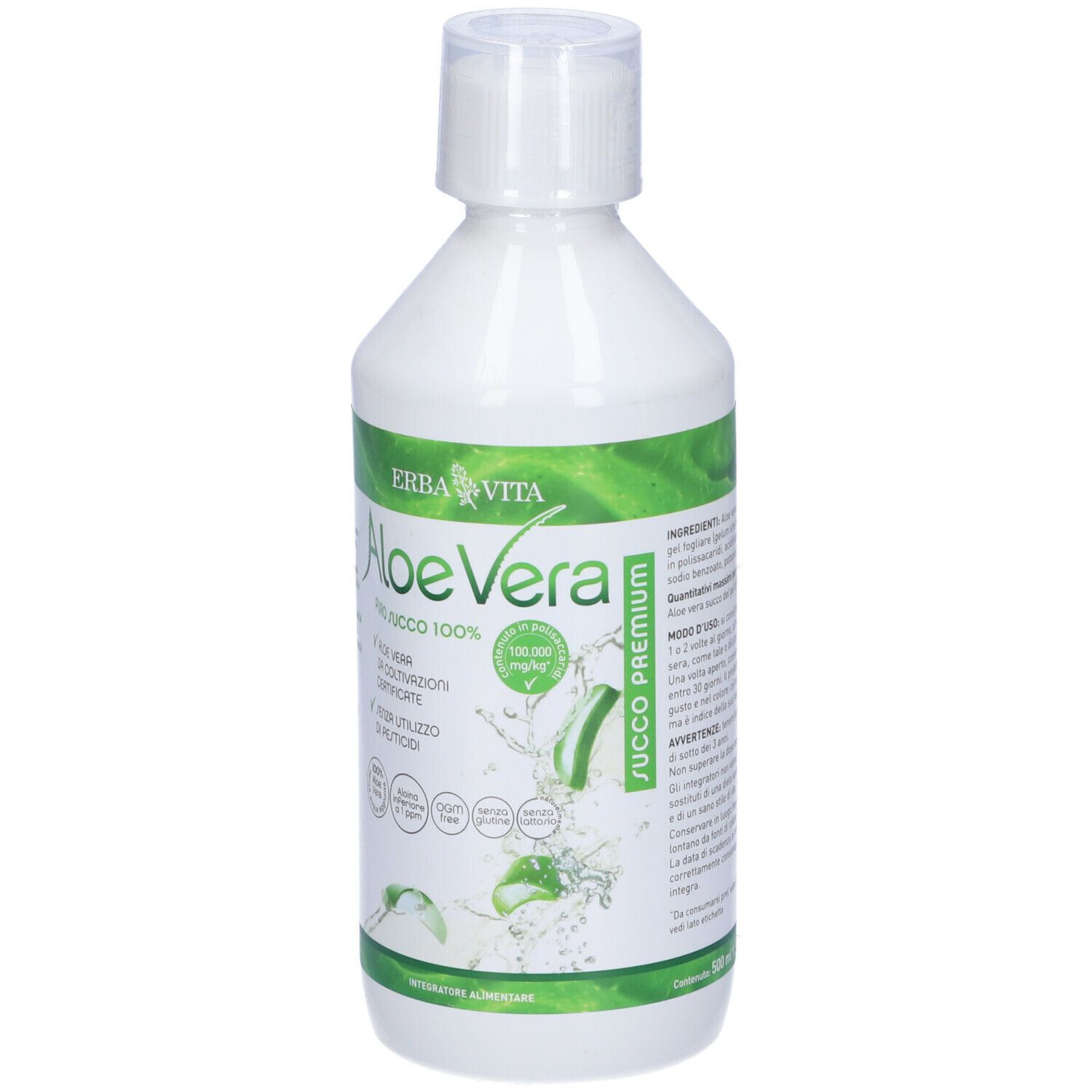 Bottiglia bianca con etichetta verde. Scritta Aloe Vera, Erba Vita. Illustrazione con foglie di aloe vera.