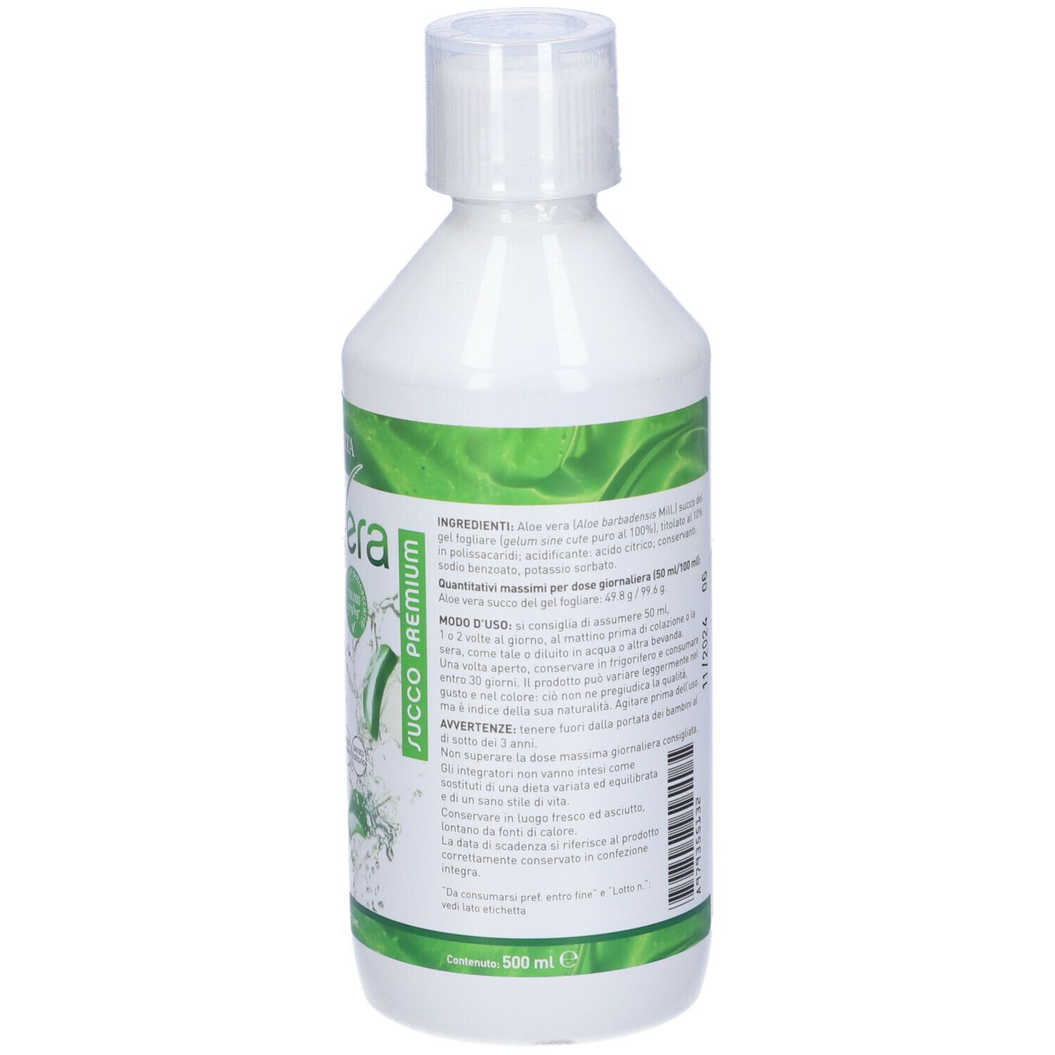 Bottiglia bianca con etichetta verde. Scritta Aloe Vera, Erba Vita. Informazioni sul prodotto e ingredienti sul retro.