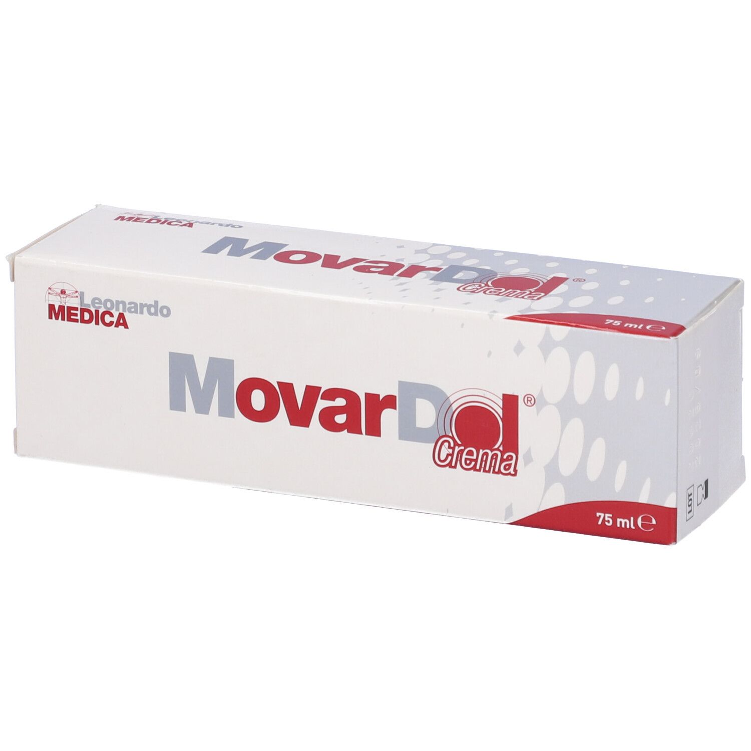 Scatola bianca Movardol Crema. Logo Leonardo Medica. Scritta rossa e grigia. 75 ml.