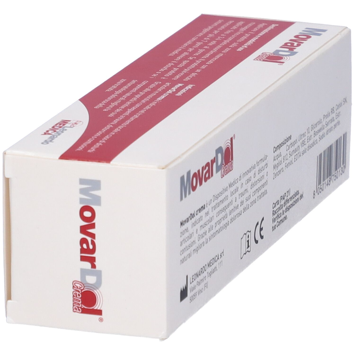 Scatola Movardol Crema. Logo Leonardo Medica. Scritta rossa e grigia. 75 ml. Vista prospettica.