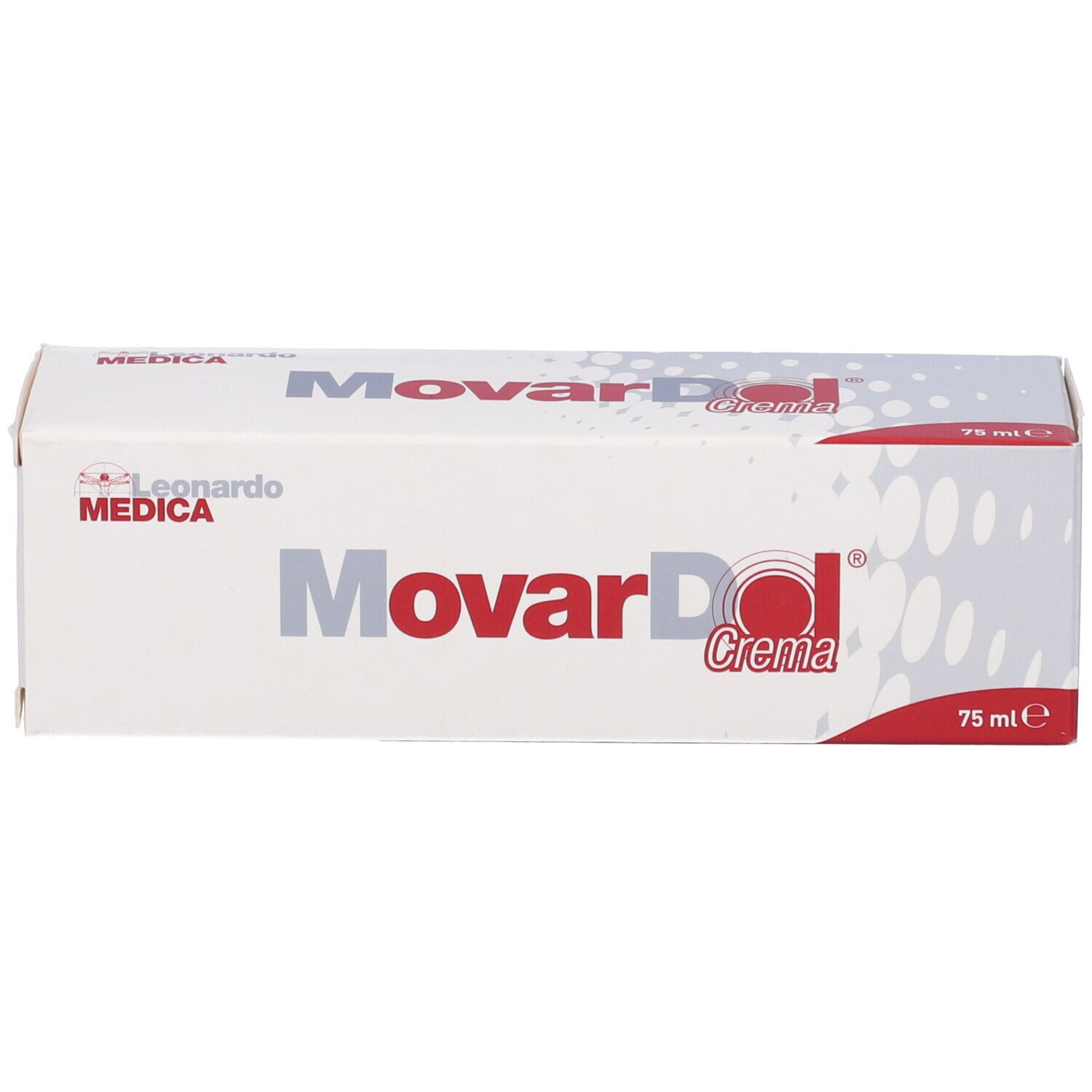 Scatola bianca Movardol Crema. Logo Leonardo Medica. Scritta rossa e grigia. 75 ml.