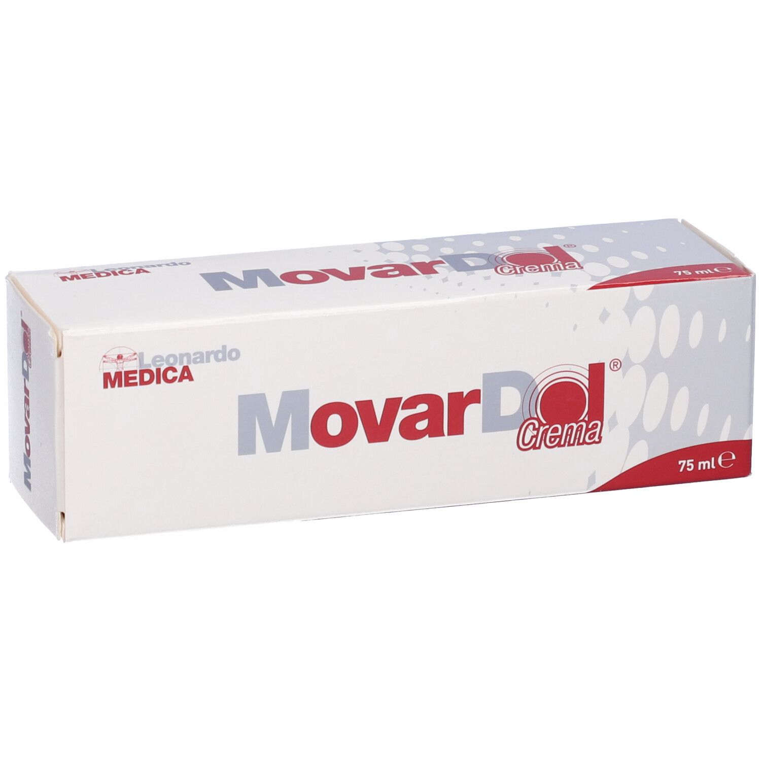 Scatola bianca Movardol Crema. Logo Leonardo Medica. Scritta rossa e grigia. 75 ml.