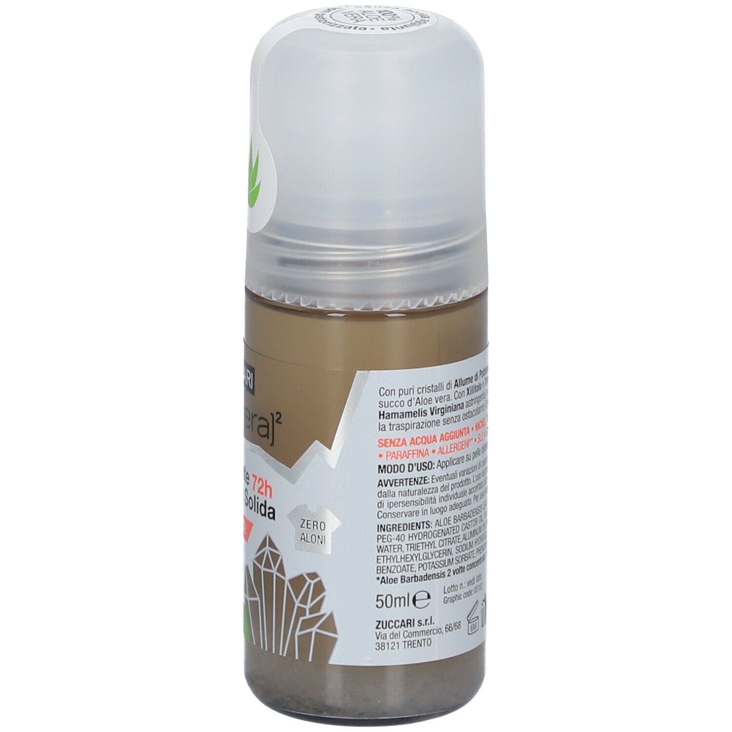 Deodorante roll-on con tappo. Scritta: ZUCCARI aloe vera, Deodorante 72H alla Pietra Solida, 50ml. Testo sul retro.