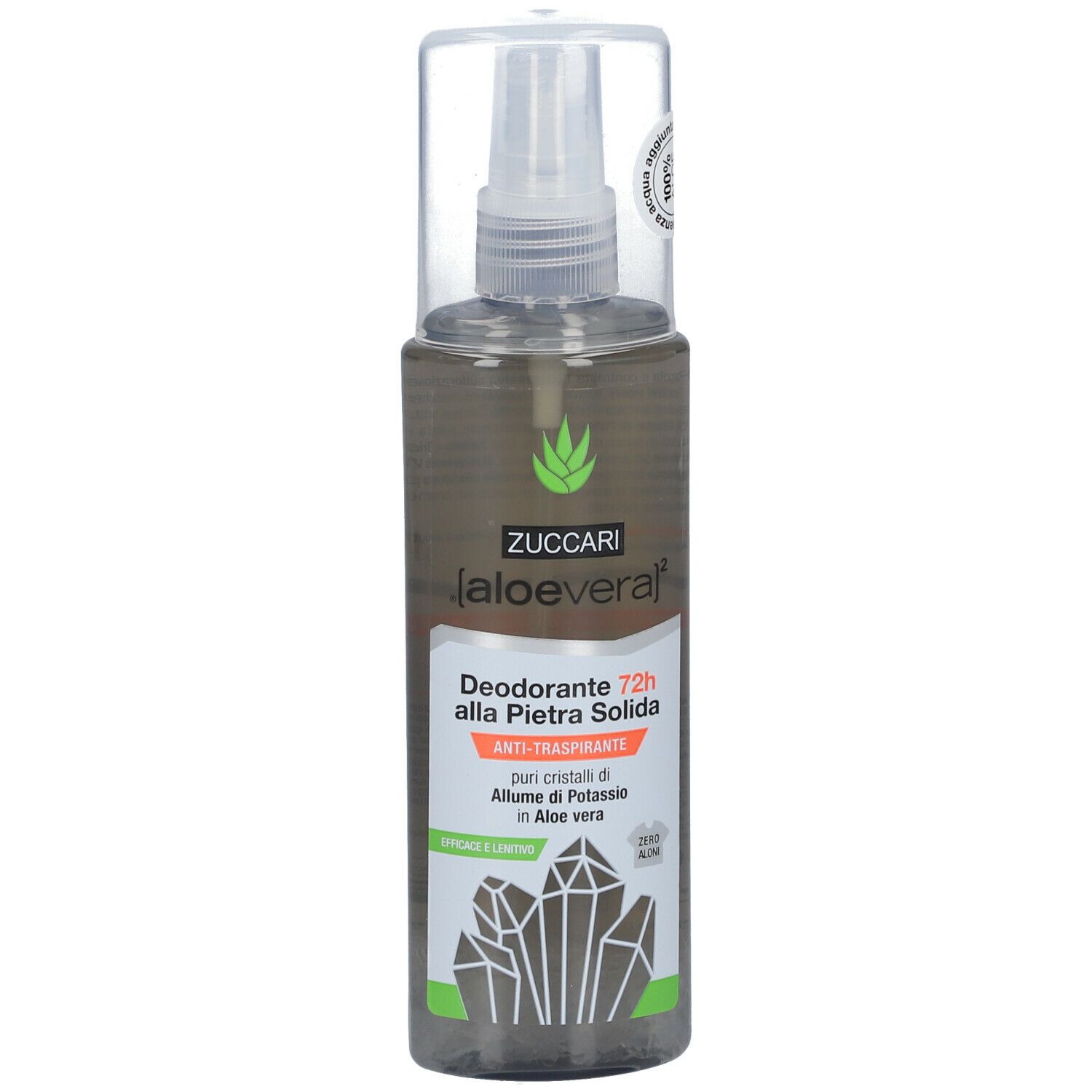 Spray deodorante ZUCCARI. Flacone trasparente con erogatore e etichetta. Testo: Deodorante 72h alla Pietra Solida.