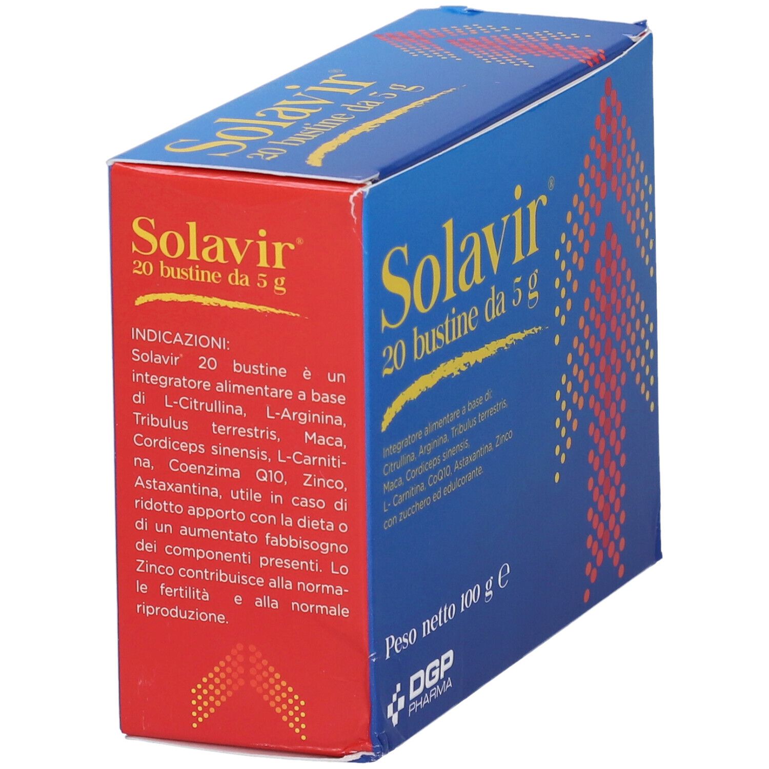 Scatola Solavir 20 bustine da 5 g. Colori rosso e blu. Contiene Citrullina, Arginina, etc.