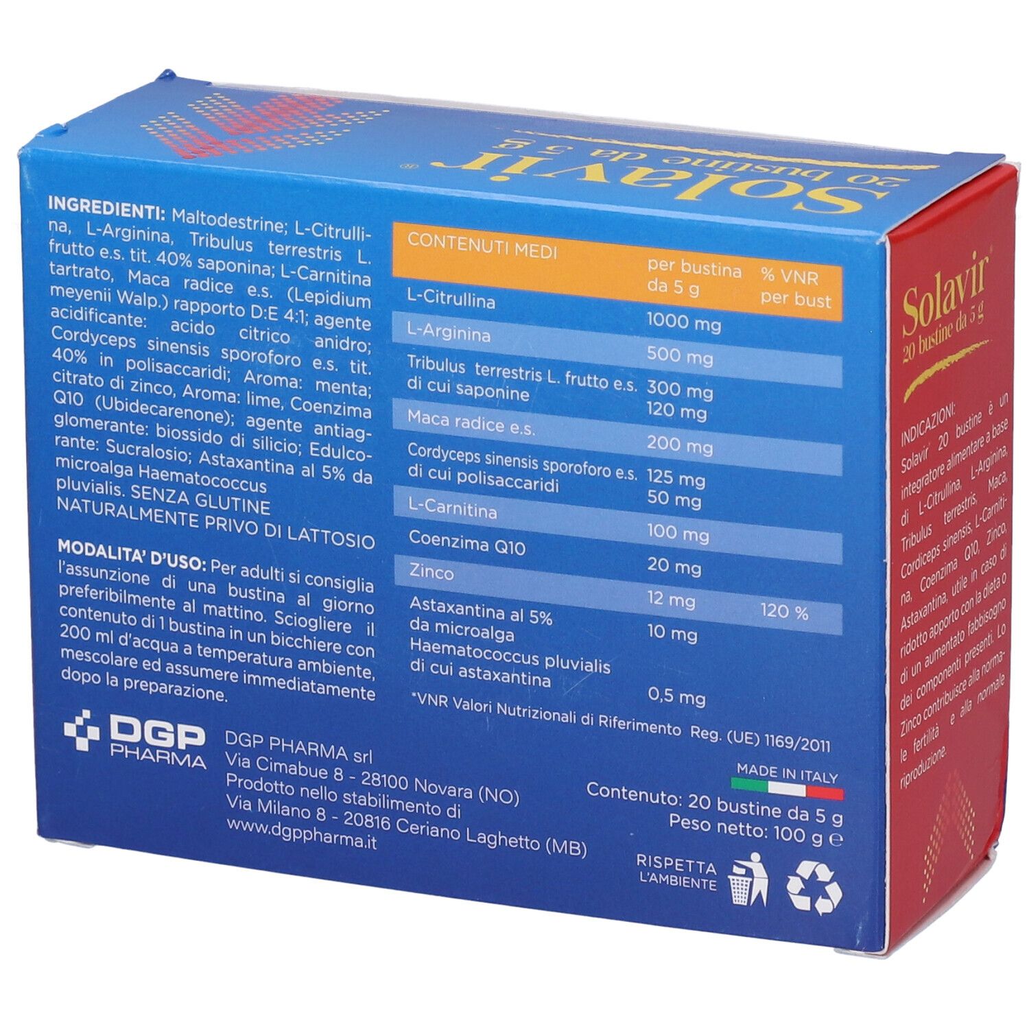 Scatola Solavir 20 bustine da 5 g. Contiene elenco ingredienti e valori nutrizionali. Marchio DGP Pharma.