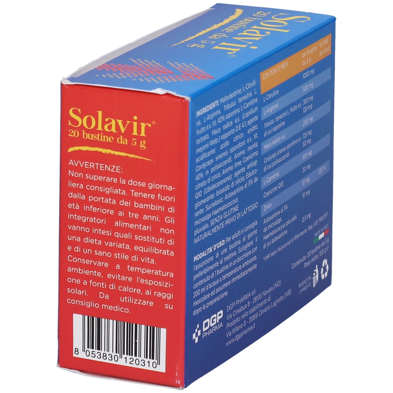 Scatola Solavir 20 bustine da 5 g. Avvertenze e lista ingredienti. Marchio DGP Pharma.