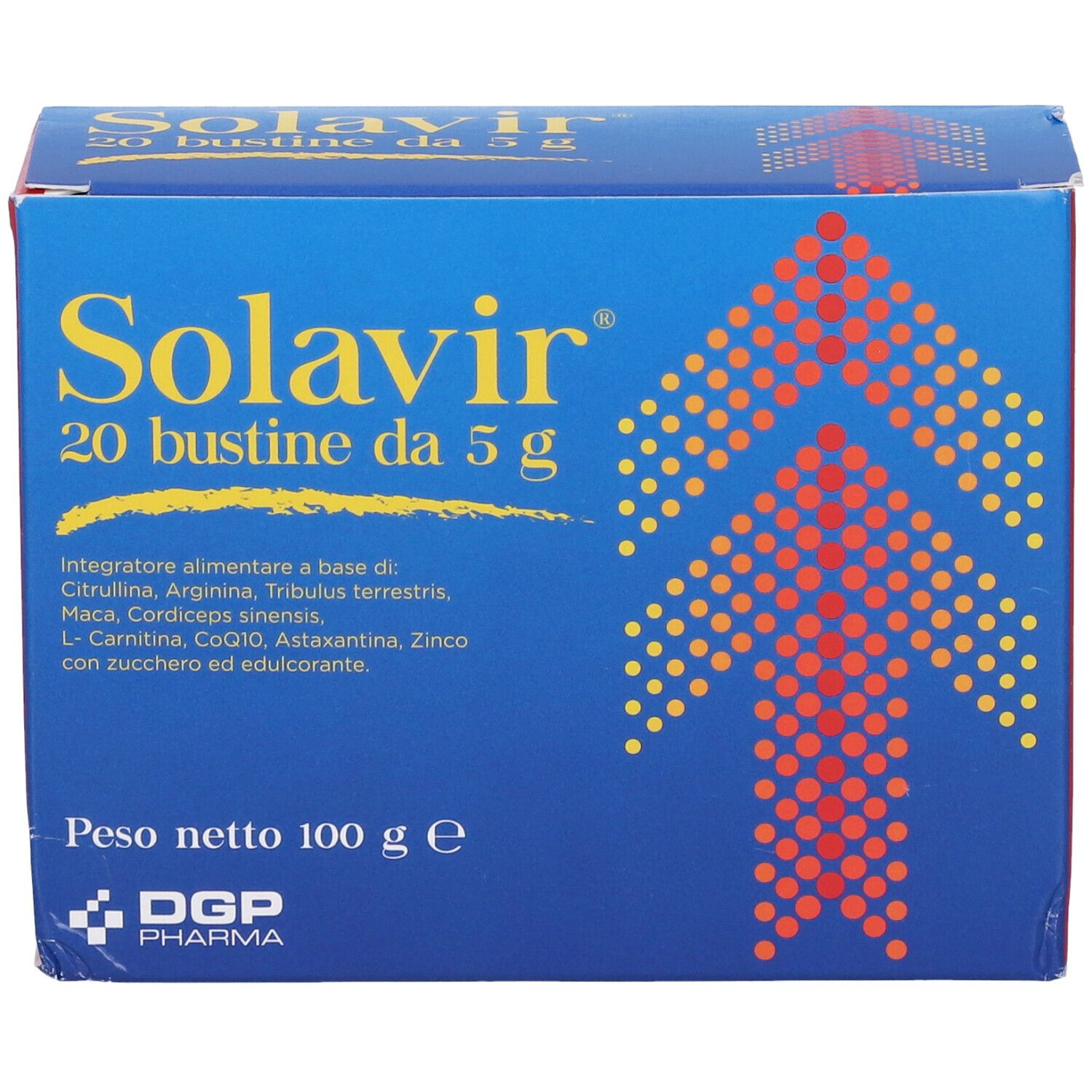 Scatola blu Solavir 20 bustine da 5 g. Contiene Citrullina, Arginina, Tribulus terrestris, etc.