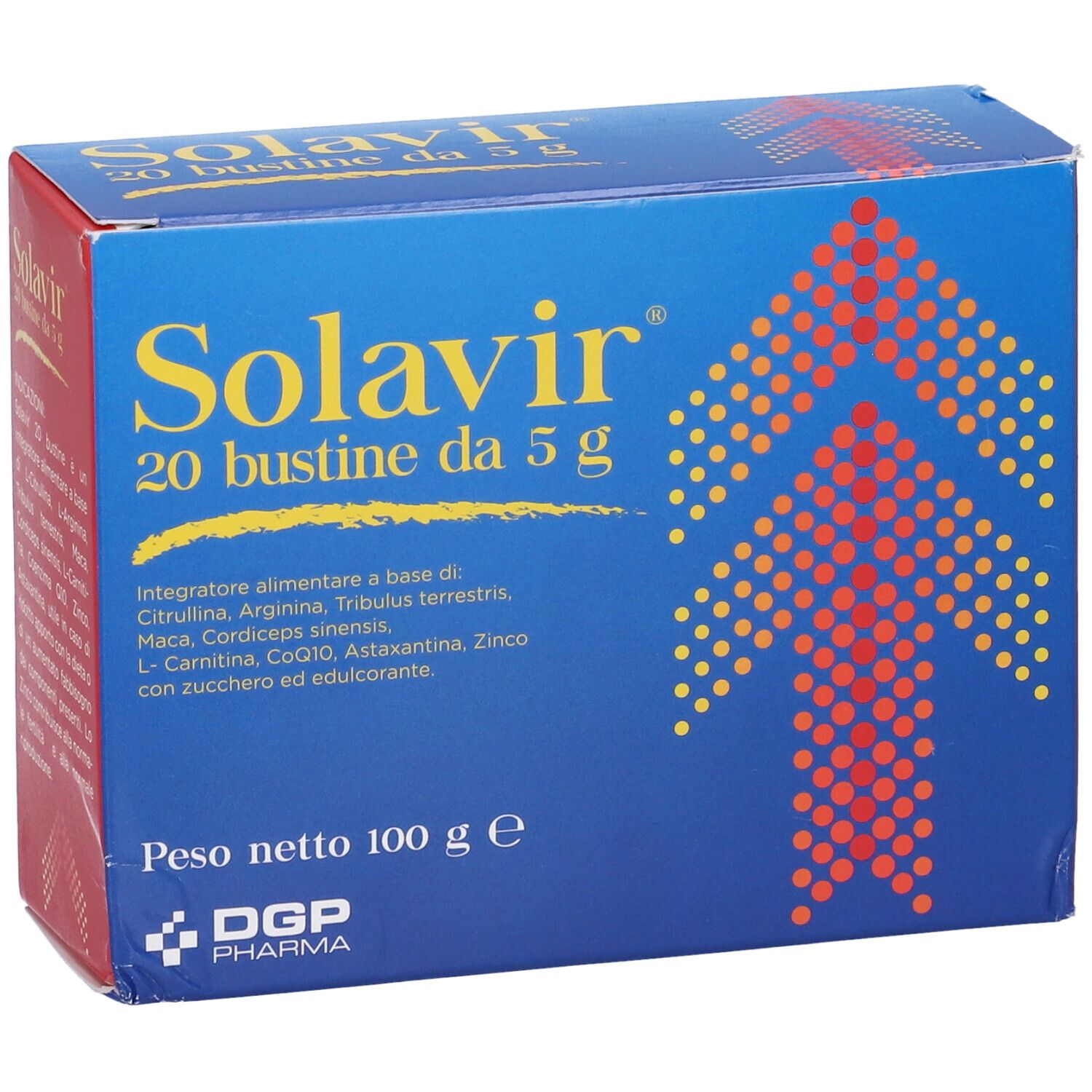 Scatola blu Solavir 20 bustine da 5 g. Contiene Citrullina, Arginina, Tribulus terrestris, etc.