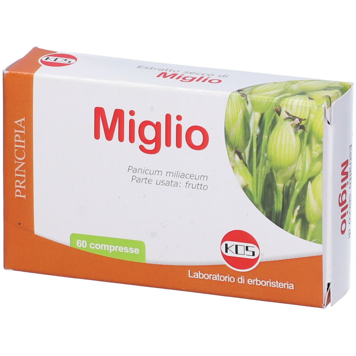 Scatola di compresse Miglio, 60 unità. Confezione arancione e bianca con illustrazione di pianta e logo KOS.