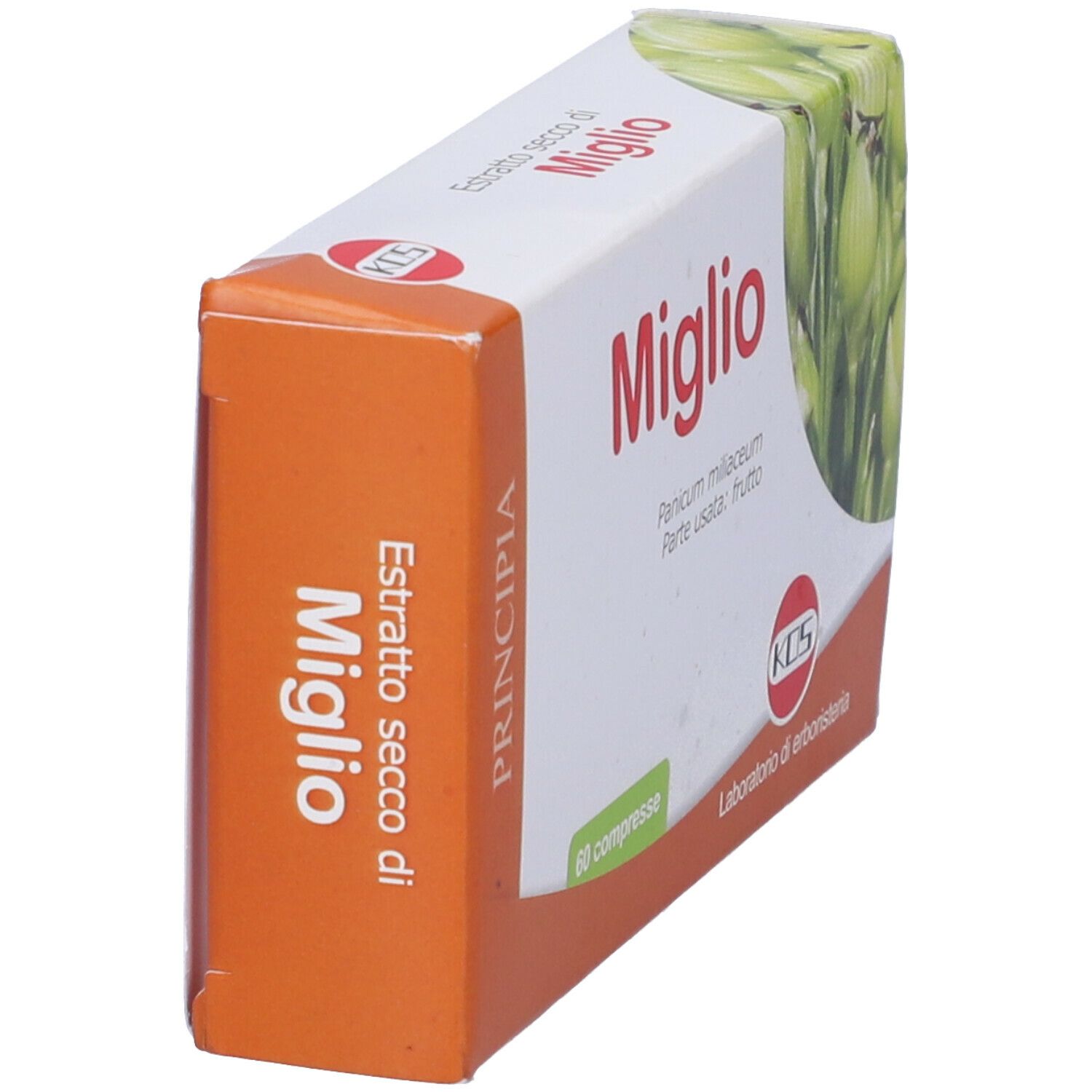 Scatola di compresse Miglio, 60 unità. Confezione arancione e bianca con illustrazione di pianta e logo KOS.