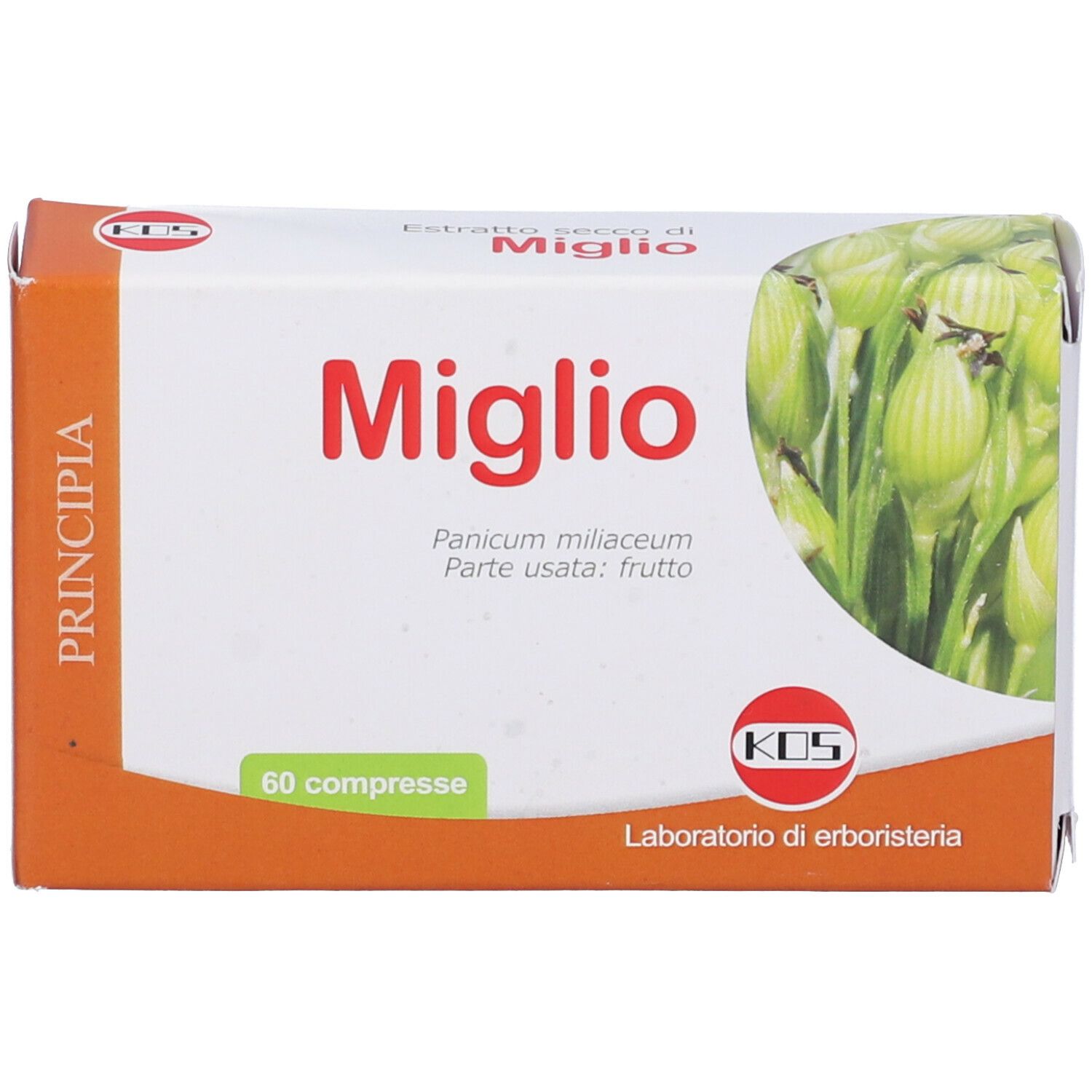 Scatola di compresse Miglio, 60 unità. Confezione arancione e bianca con illustrazione di pianta e logo KOS.