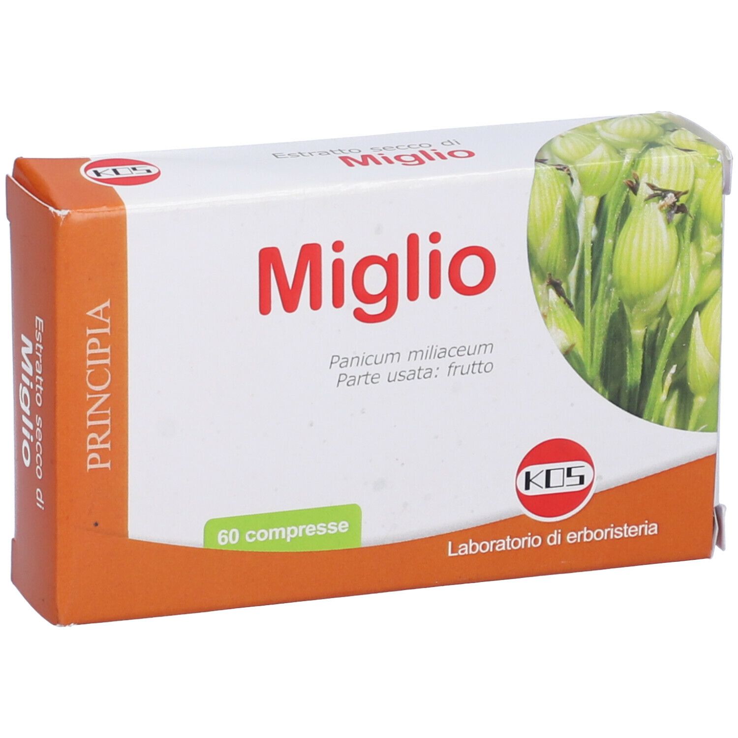 Scatola di compresse Miglio, 60 unità. Confezione arancione e bianca con illustrazione di pianta e logo KOS.
