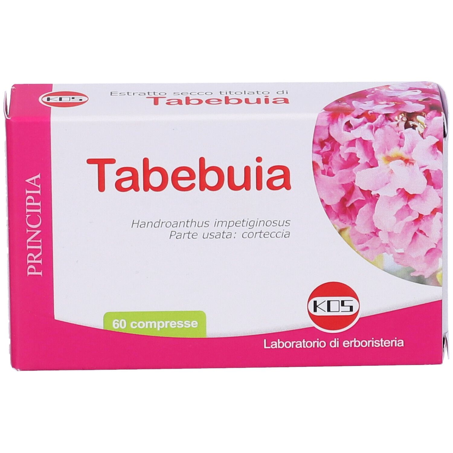 Confezione di KOS Tabebuia Compresse. Bianca e rosa, con nome del prodotto e design floreale. 60 compresse.