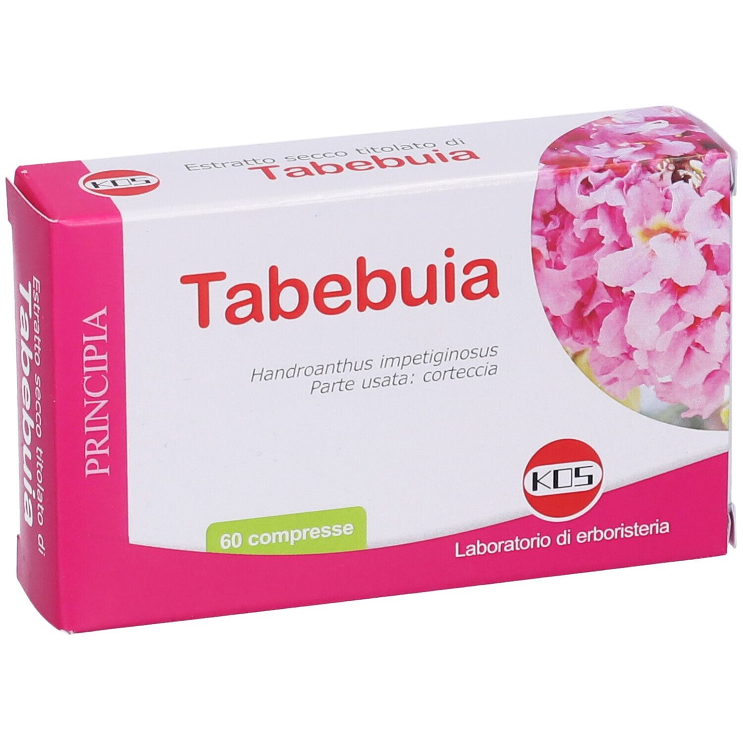 Confezione di KOS Tabebuia Compresse. Bianca e rosa, con nome del prodotto e design floreale. 60 compresse.