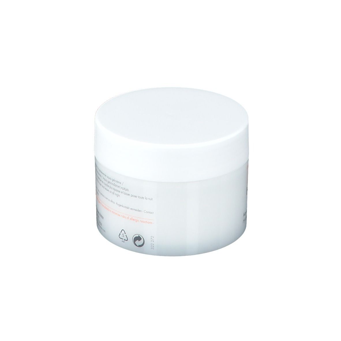 Vasetto bianco con coperchio. Simboli sull'etichetta.