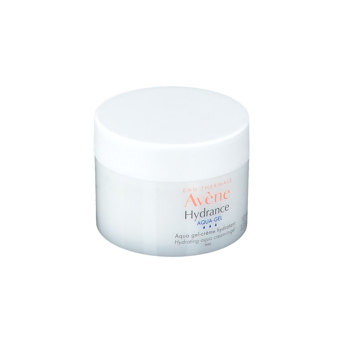 Vasetto bianco con coperchio. Scritta: Avène Hydrance Aqua Gel.