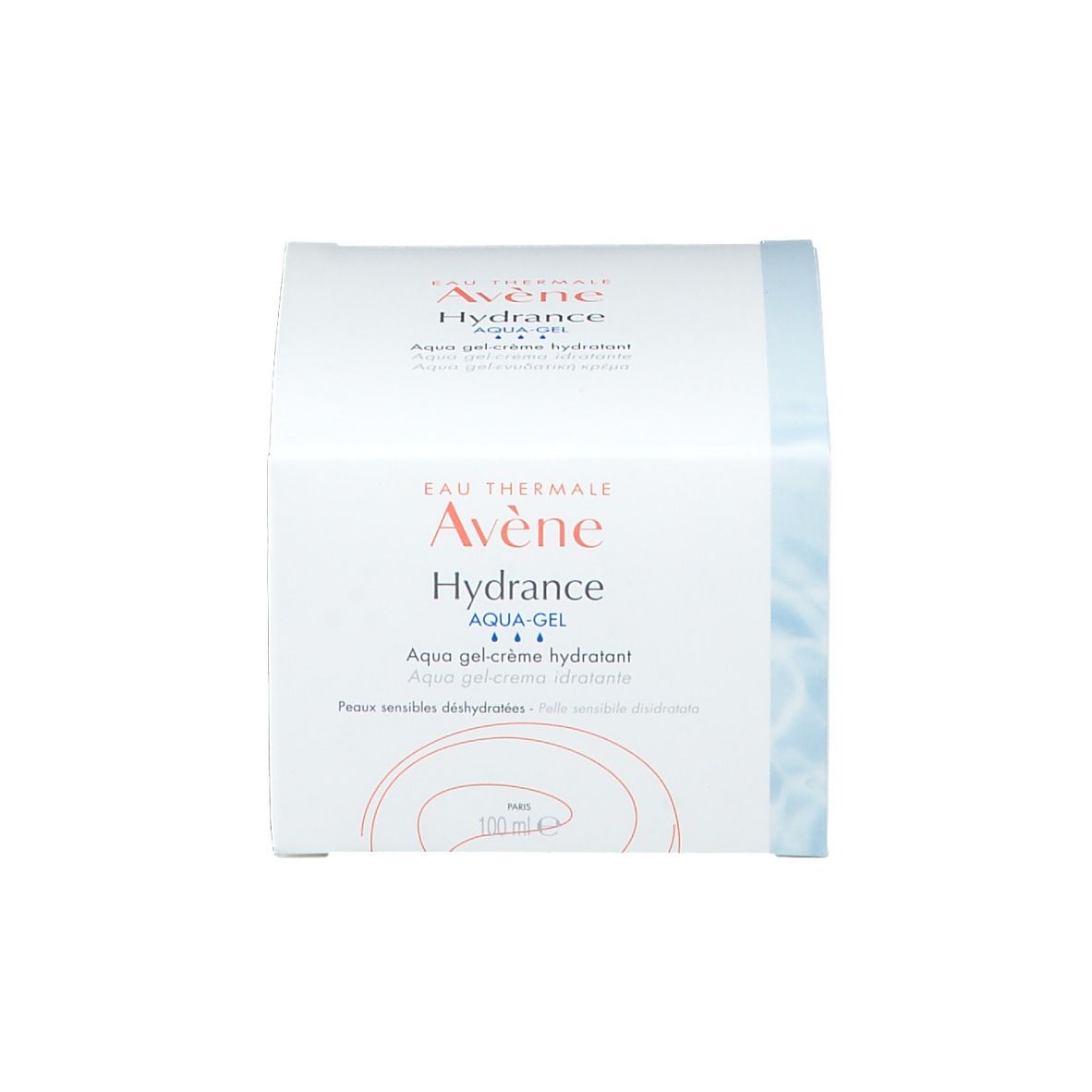 Scatola bianca. Scritta: Avène Hydrance Aqua Gel.
