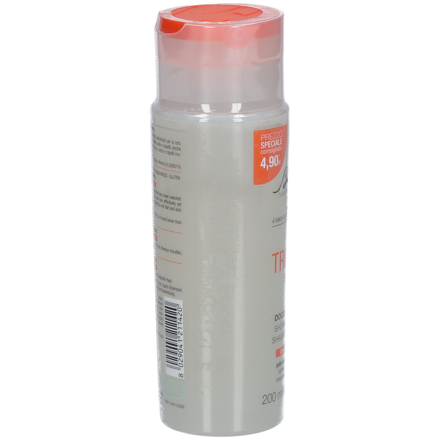 Bionike Triderm Dusch-Shampoo. Retro del flacone. Testo multilingue. 200 ml.