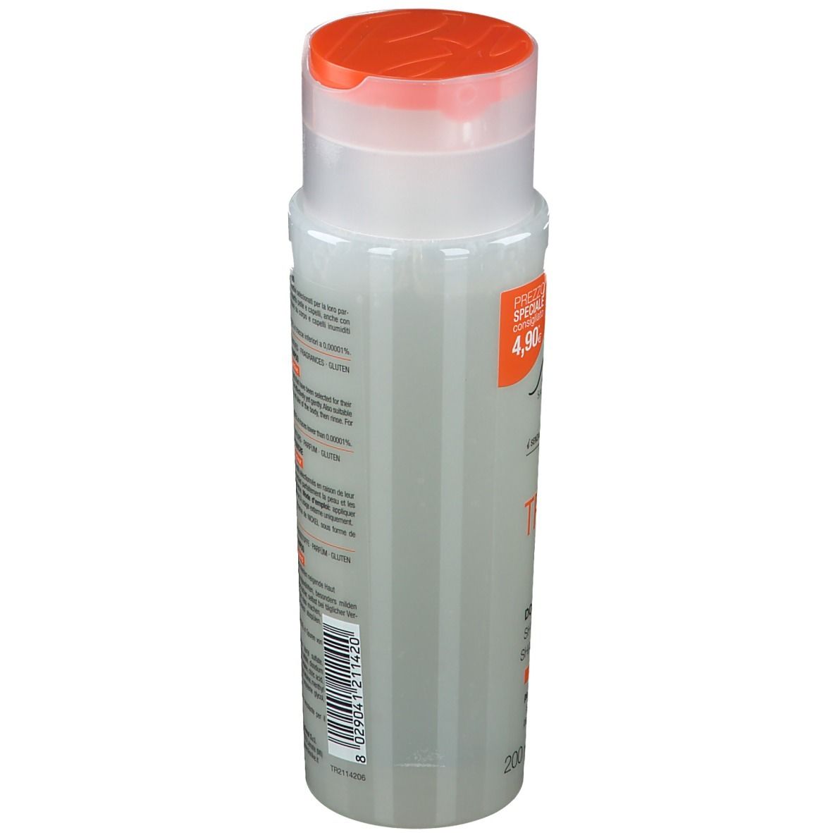 Bionike Triderm Dusch-Shampoo. Lato del flacone con testo. 200 ml.