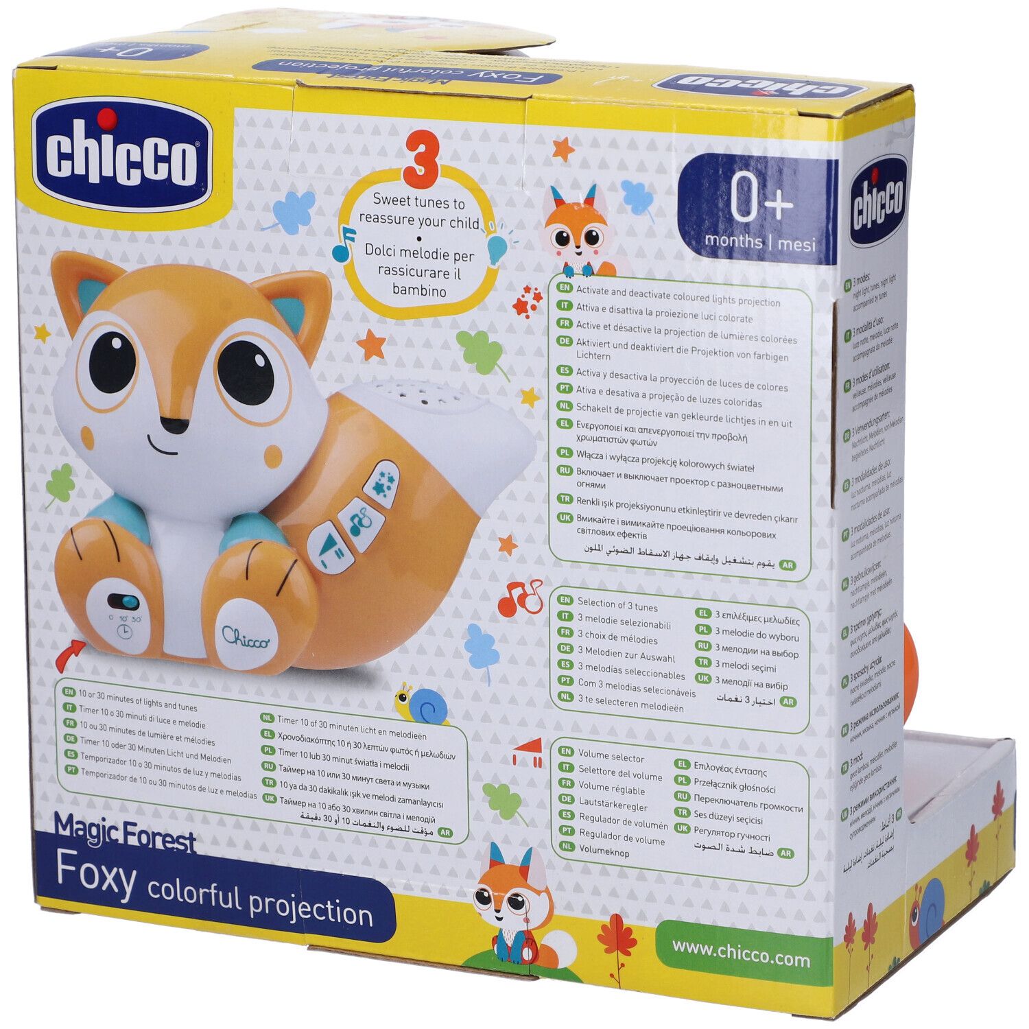 Retro della confezione del proiettore Chicco Foxy. Immagine del prodotto, testo e illustrazioni. 0+ mesi.