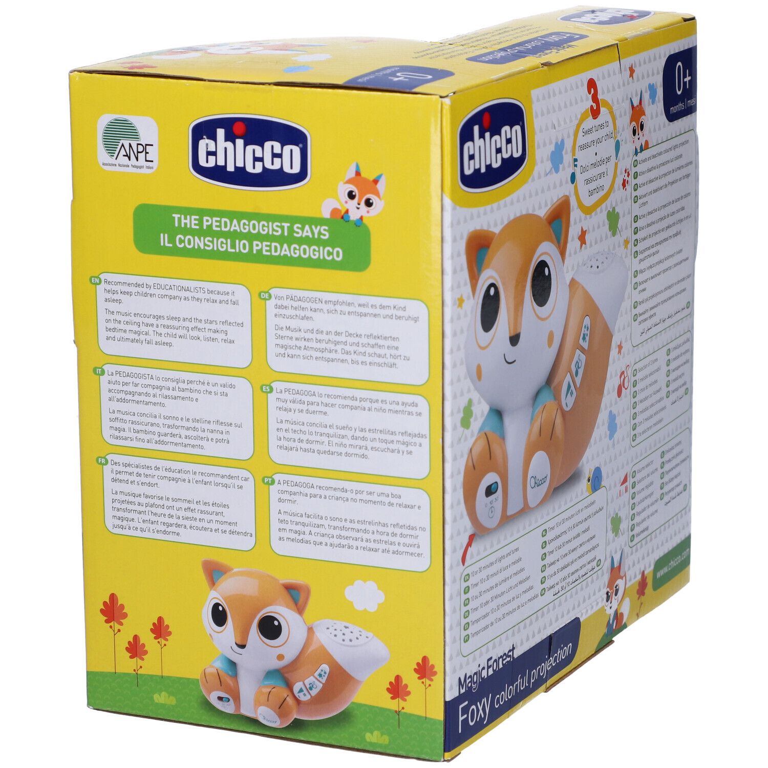 Confezione del proiettore Chicco Foxy. Immagine del prodotto, testo e illustrazioni. 0+ mesi. Logo ANPE.