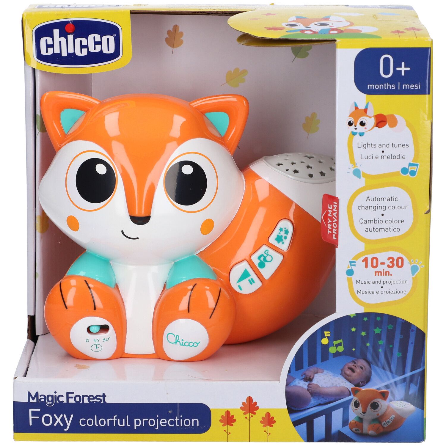 Proiettore Chicco Foxy nella confezione. Design a testa di volpe arancione e bianca. Caratteristiche del prodotto. 0+ mesi.