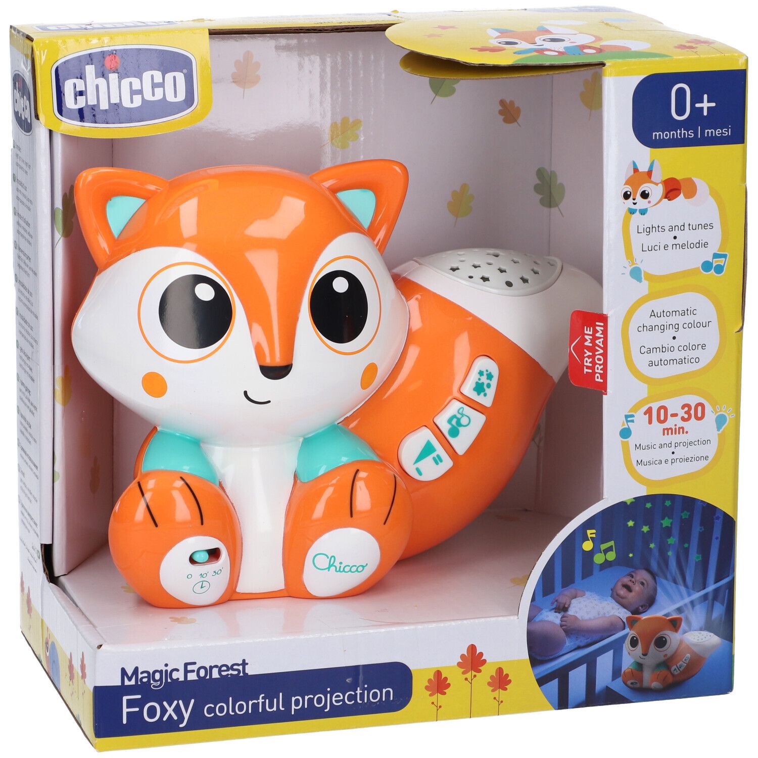 Proiettore Chicco Foxy nella confezione. Design a testa di volpe arancione e bianca. Caratteristiche del prodotto. 0+ mesi.