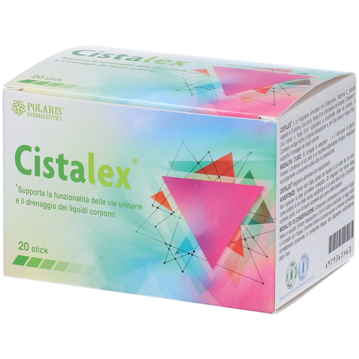 Confezione Cistalex, 20 stick. Marchio Polaris. Testo sulla confezione, design geometrico. Nome del prodotto e logo.