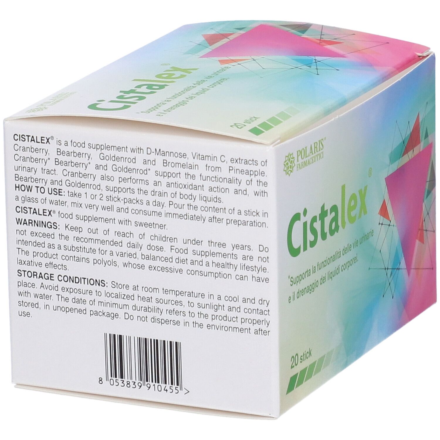 Confezione Cistalex. Retro con informazioni sul prodotto, ingredienti e istruzioni per l'uso. 20 stick.