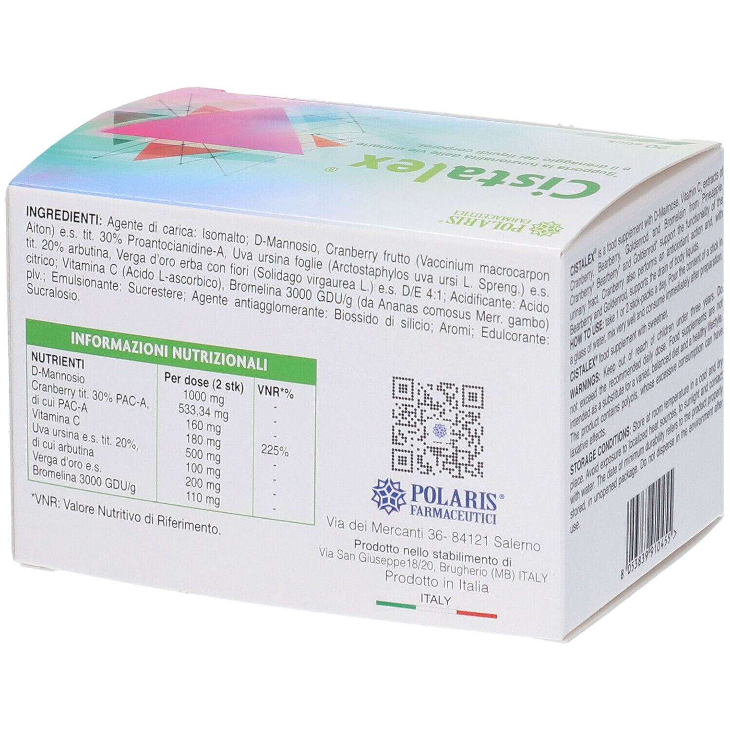 Confezione Cistalex. Retro con informazioni sul prodotto, ingredienti e valori nutrizionali. 20 stick.