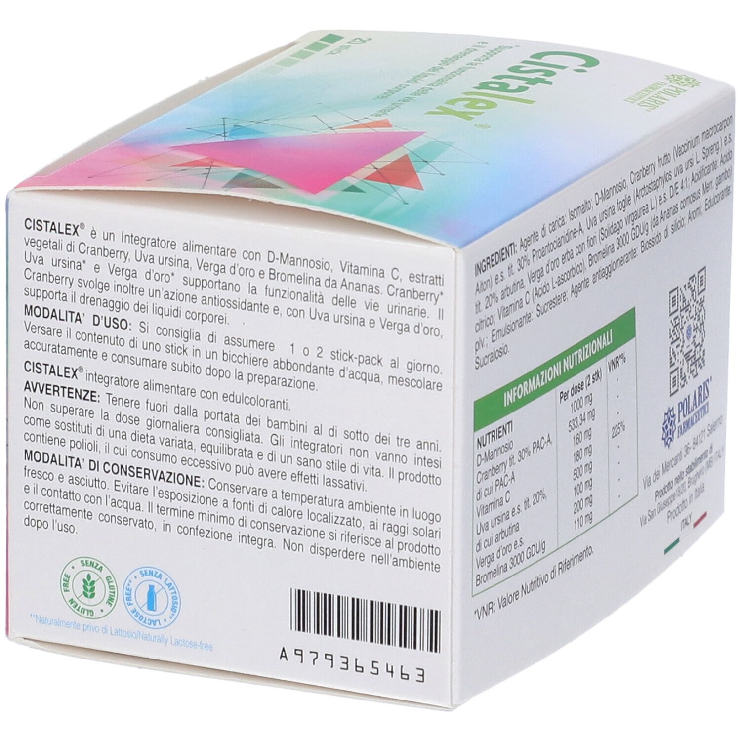 Confezione Cistalex. Retro con informazioni sul prodotto, ingredienti e valori nutrizionali. 20 stick.