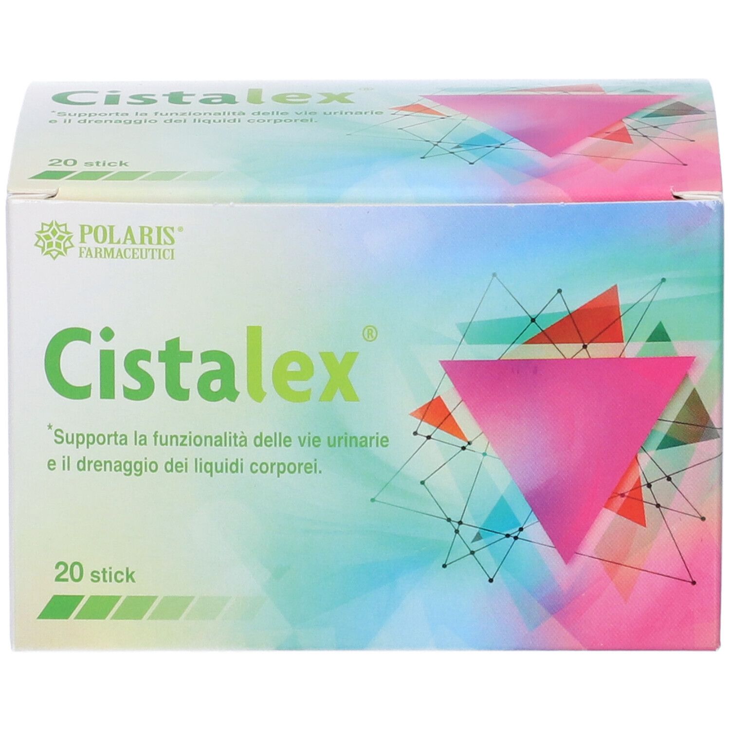 Confezione Cistalex, 20 stick. Marchio Polaris. Design verde e bianco con forme geometriche e nome del prodotto.