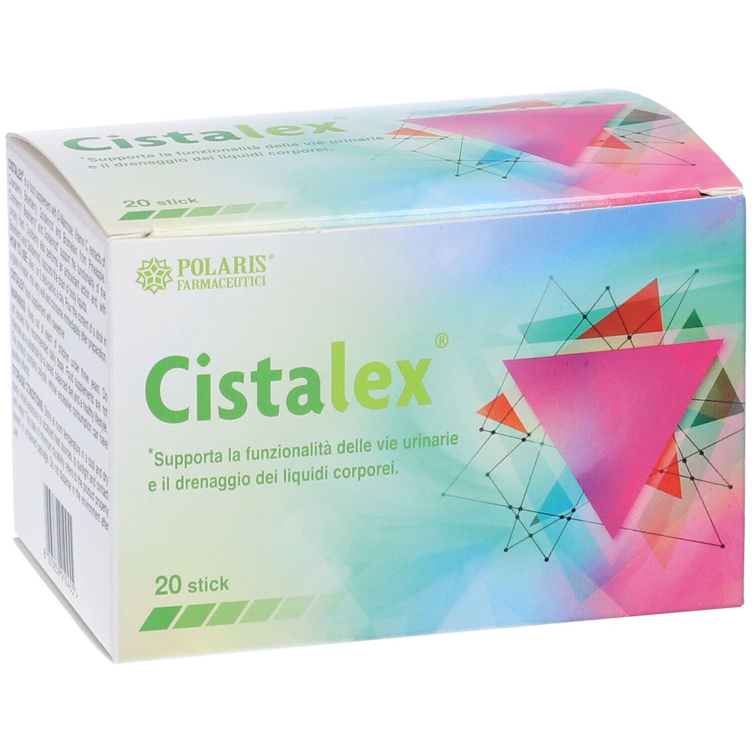 Confezione Cistalex, 20 stick. Marchio Polaris. Design verde e bianco con forme geometriche e nome del prodotto.