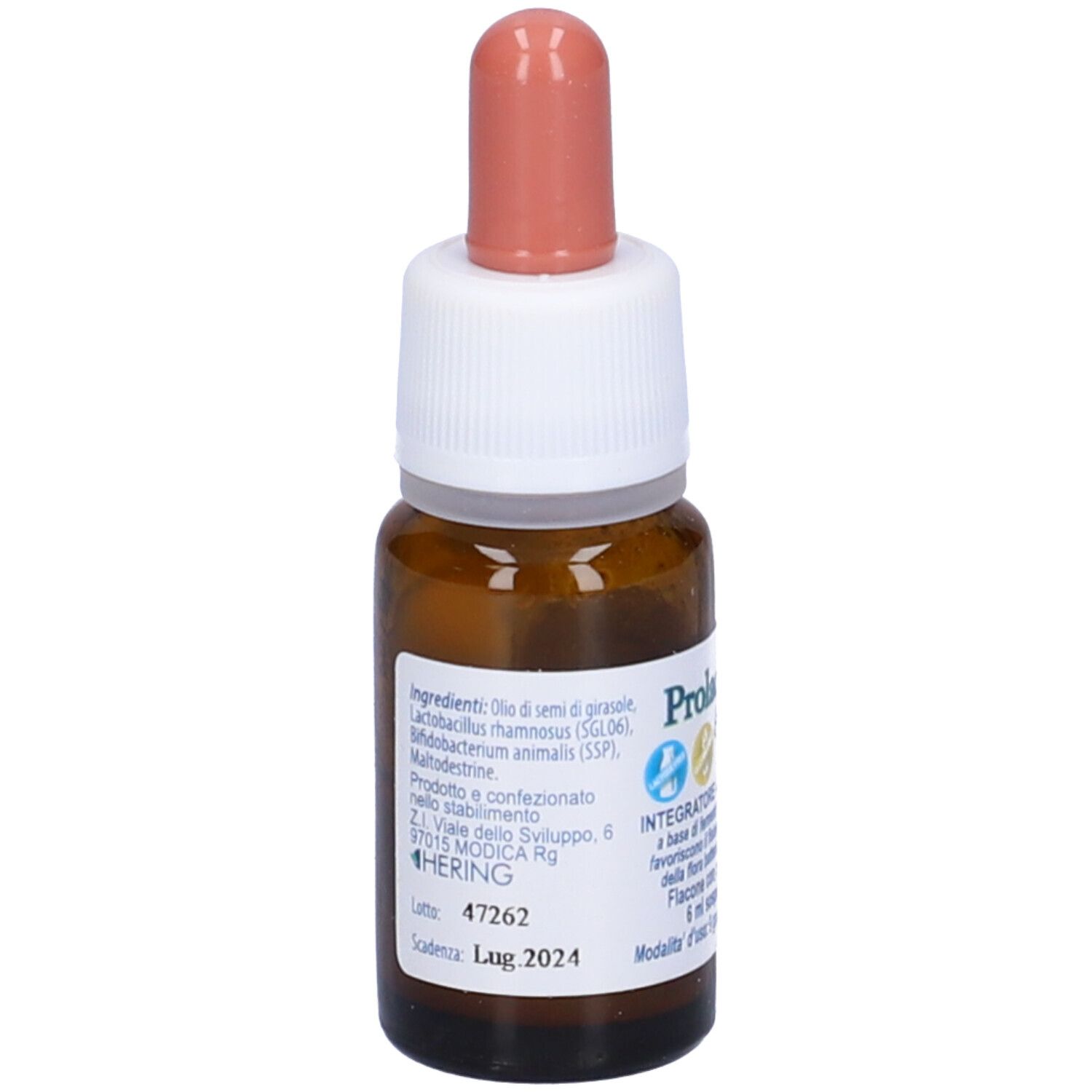 Flacone in vetro marrone con contagocce rosa. Scritta: Prolac Baby gocce, Integratore alimentare, uso orale. Ingredienti sul retro.