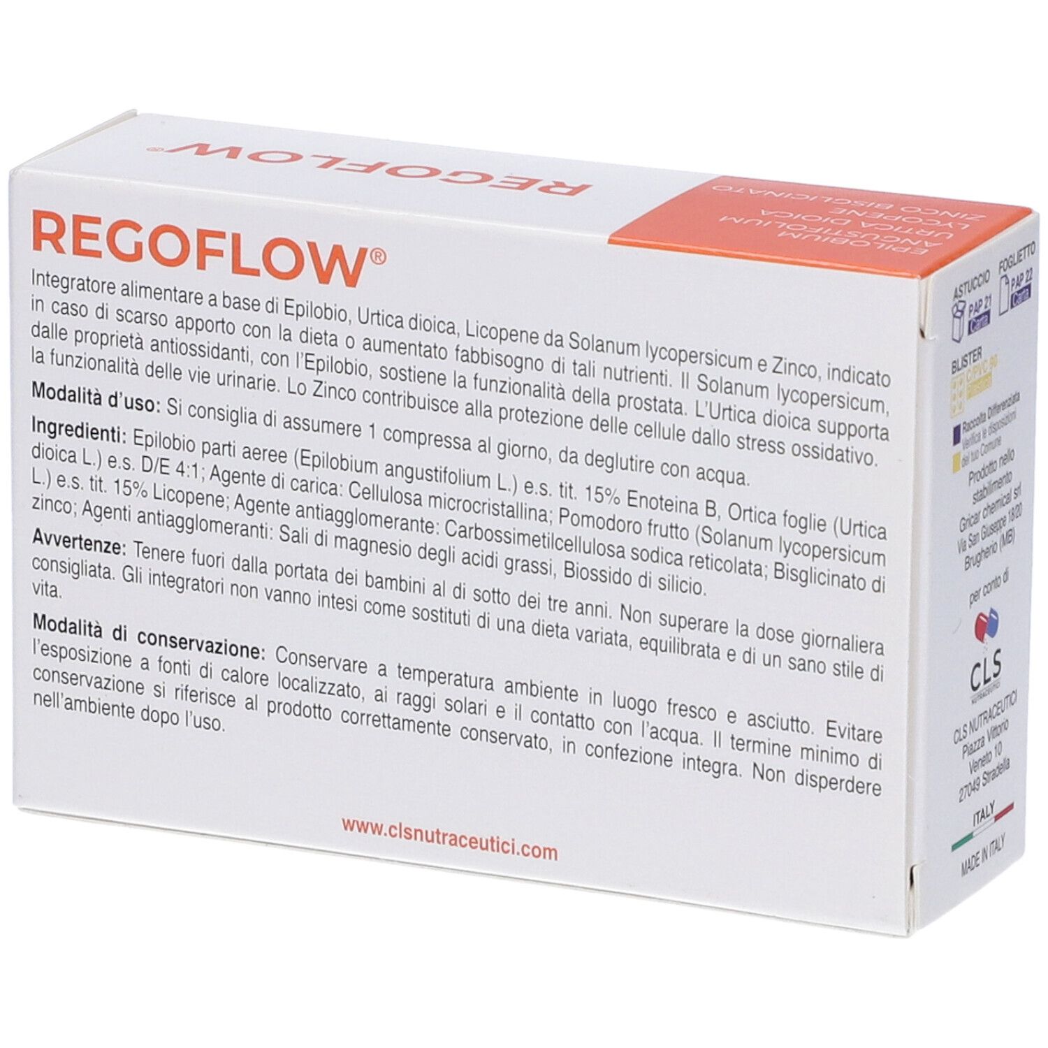 Retro della scatola di compresse Regoflow. Testo con ingredienti, istruzioni per l'uso e conservazione.