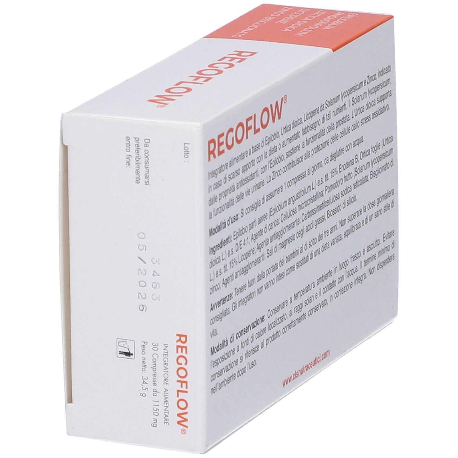 Scatola di compresse Regoflow. Scritta: 30 cpr da 1,15 g. Testo con ingredienti, istruzioni per l'uso e conservazione.