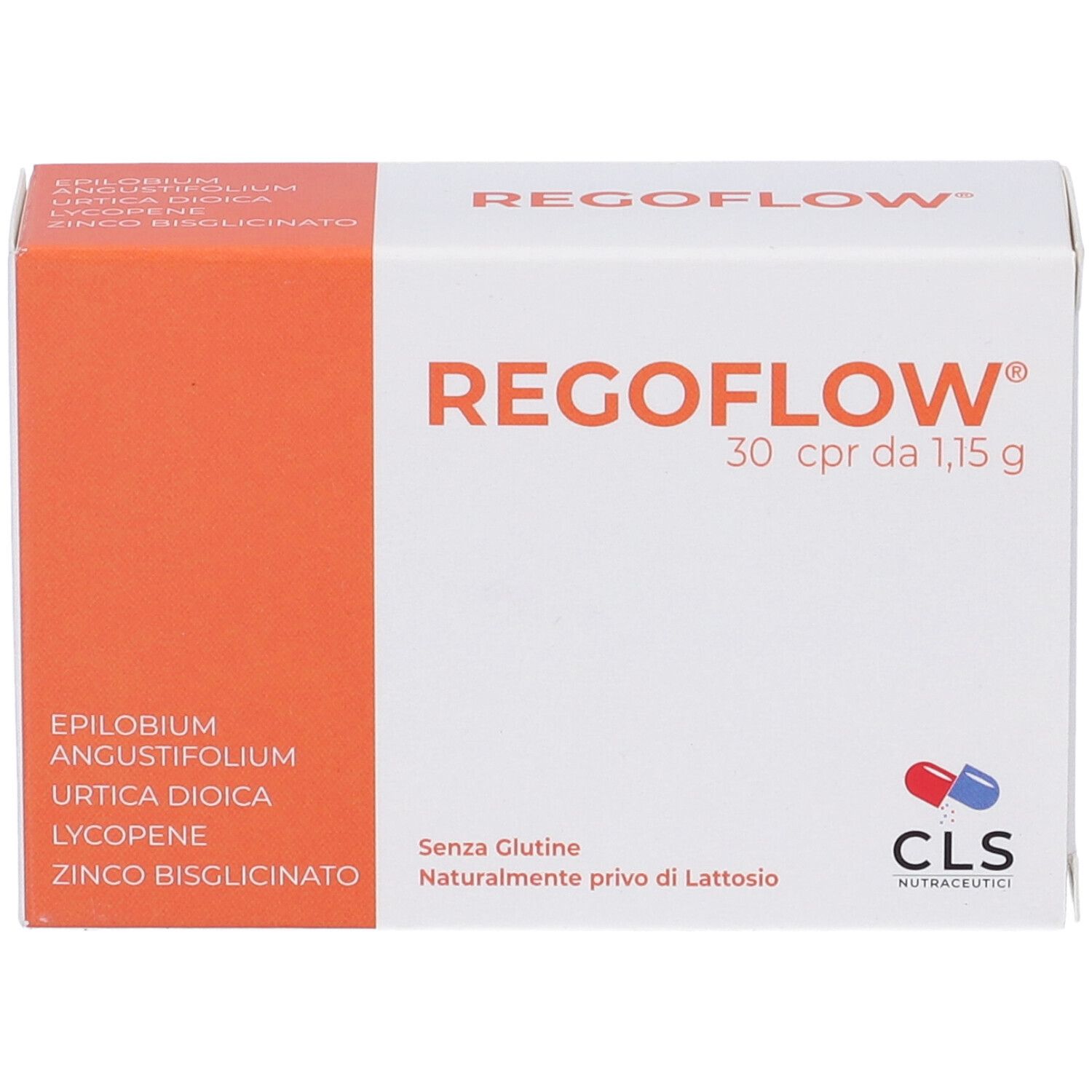 Scatola di compresse Regoflow. Scritta: 30 cpr da 1,15 g. Elenco ingredienti e logo CLS Nutraceuti.