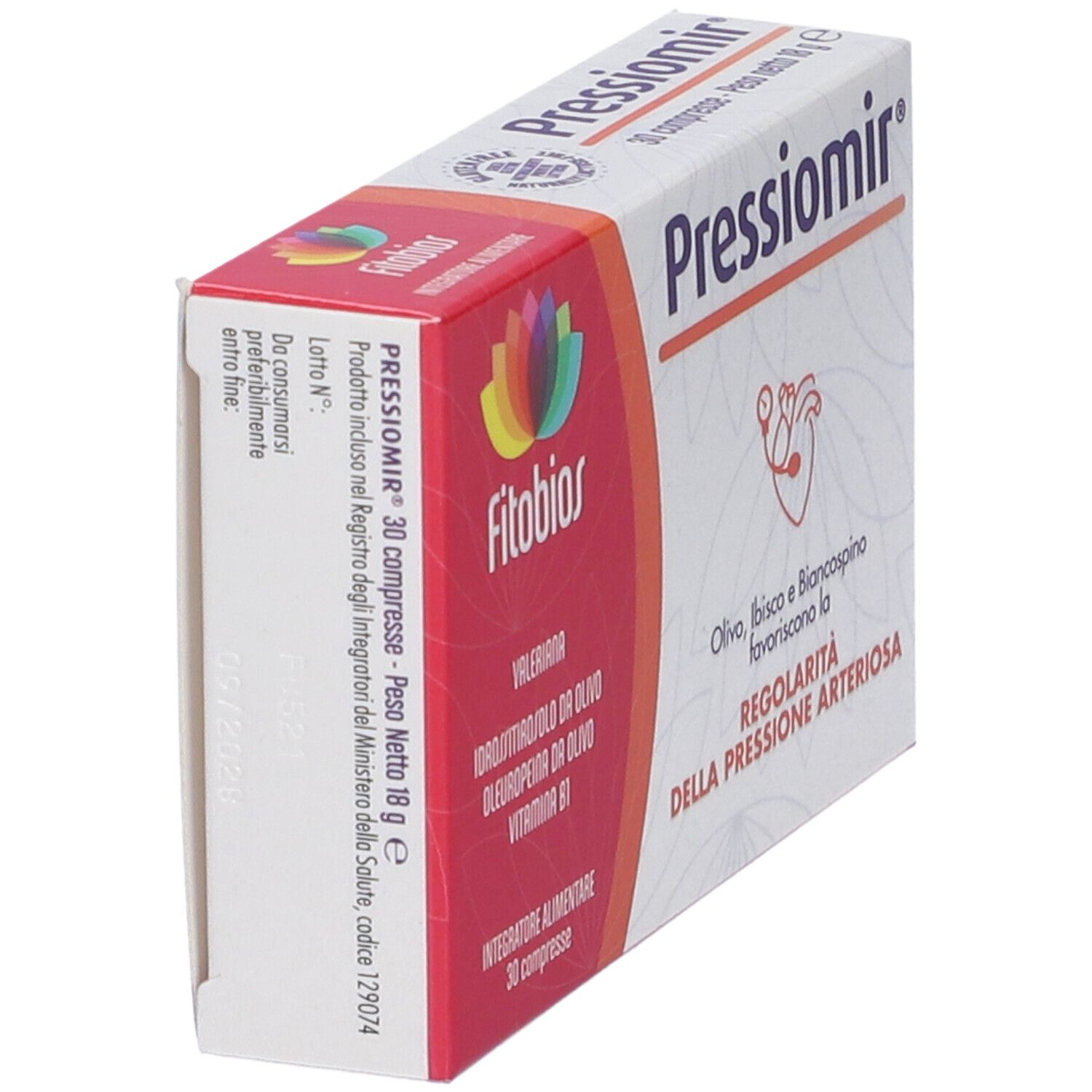 Vista laterale della scatola Pressiomir. Scatola rossa e bianca con informazioni e logo.