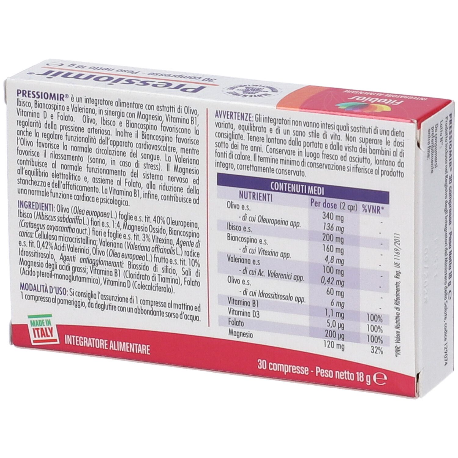 Retro della scatola Pressiomir. Contiene informazioni sugli ingredienti e i valori nutrizionali.