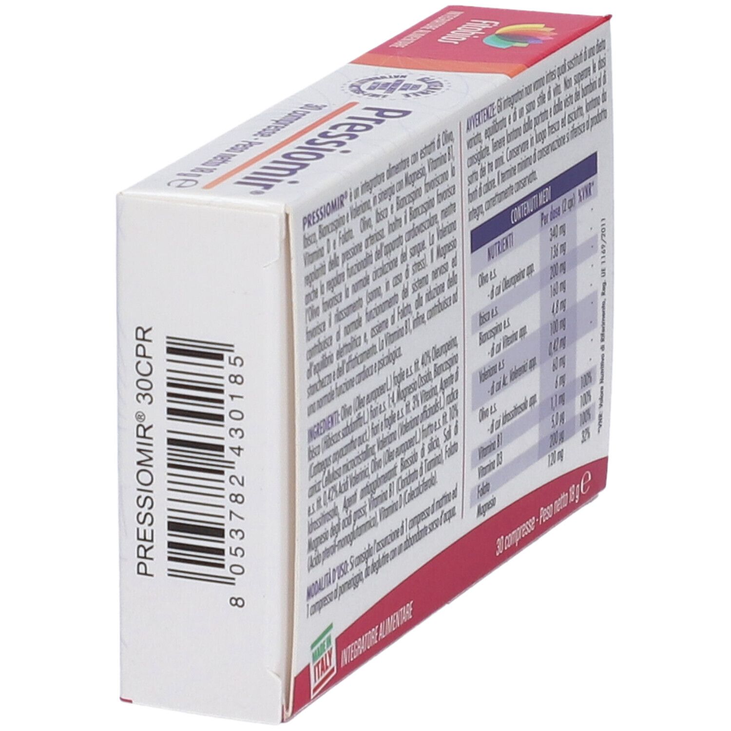 Vista laterale della scatola Pressiomir. Contiene informazioni sul prodotto e il logo.