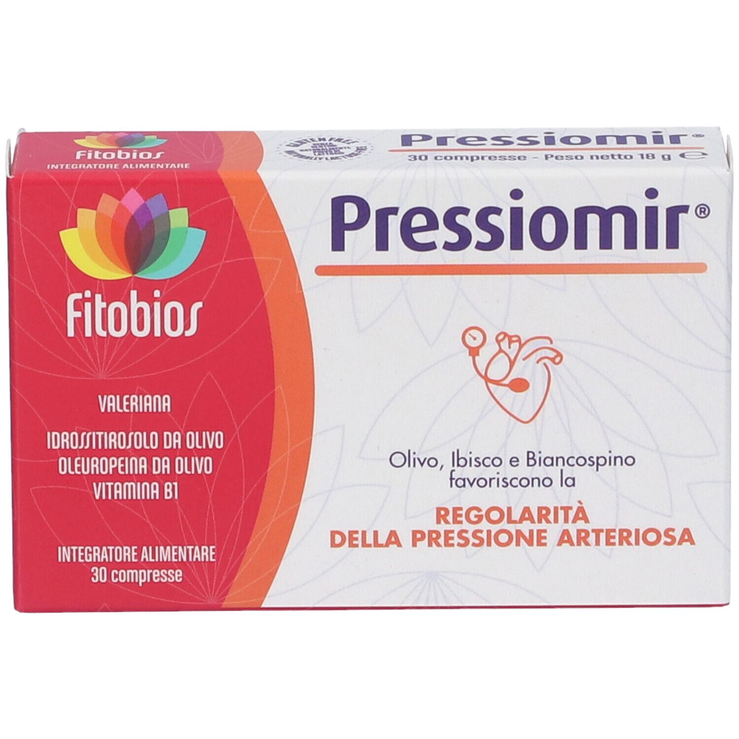 Scatola Pressiomir. Rossa e bianca, con nome e logo. Contiene 30 compresse.