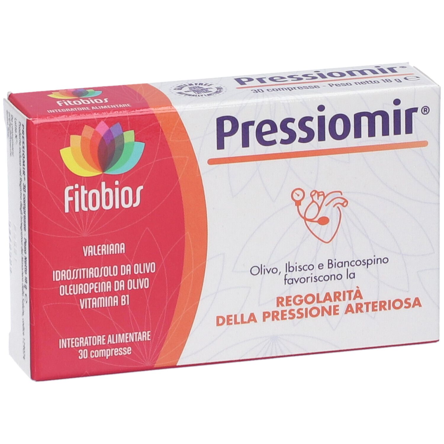 Scatola Pressiomir. Rossa e bianca, con nome e logo. Contiene 30 compresse.