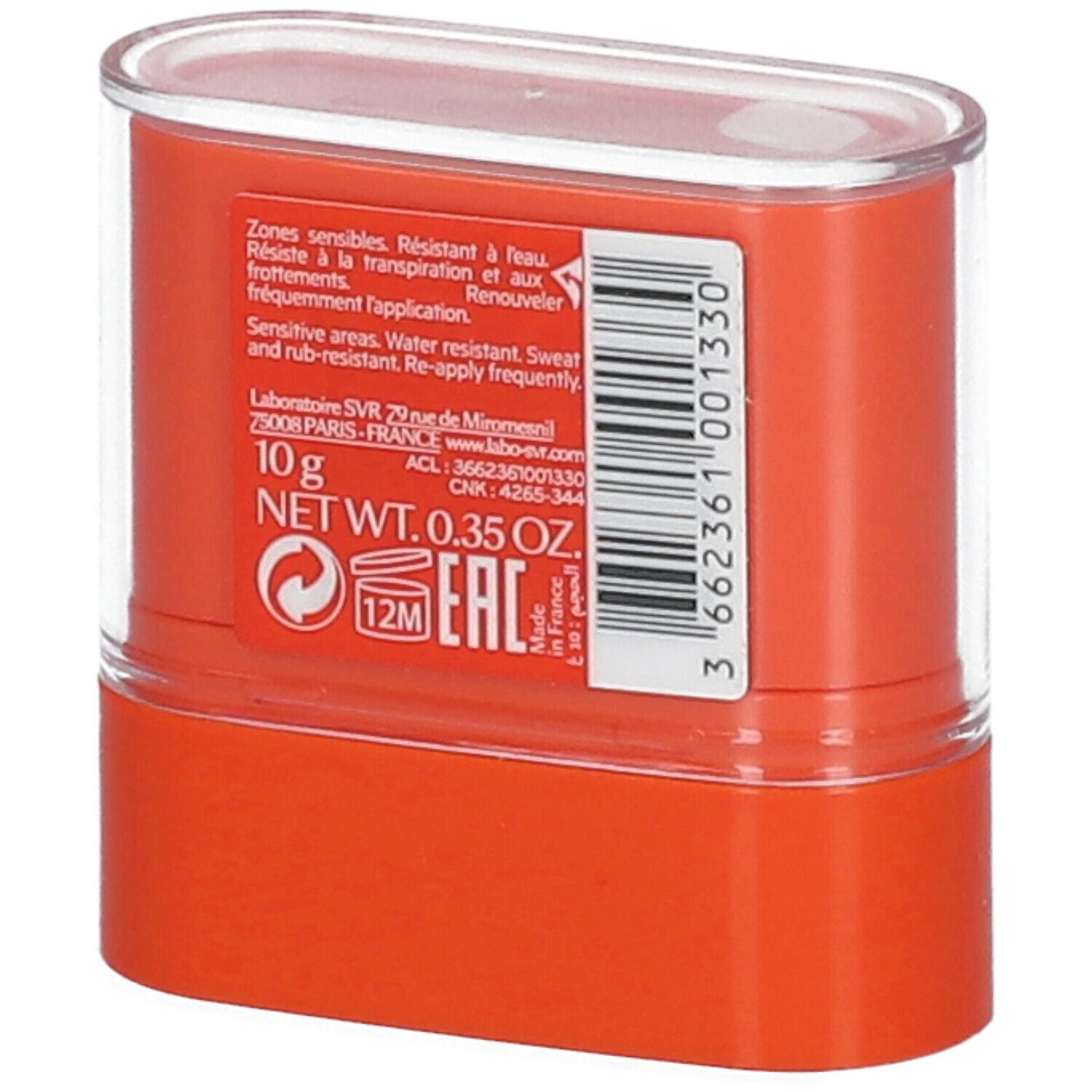 Retro dello stick solare SVR Sun Secure SPF50+ arancione. Informazioni e codice a barre.